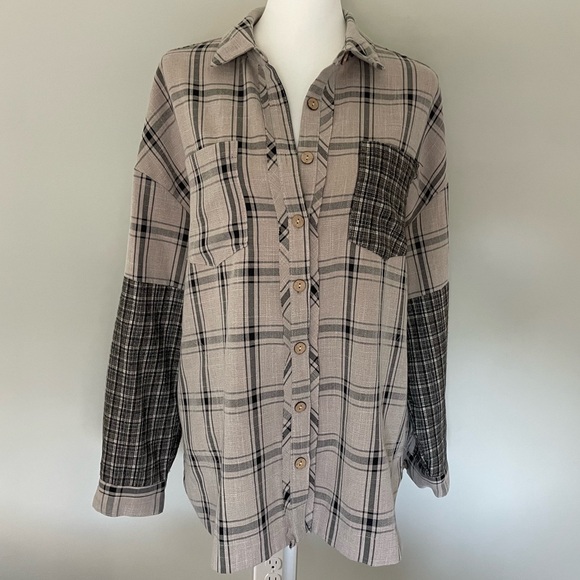 Oversized Plaid Neutral Mixed Pattern Button Down Patchwork Shirt - Picture 2 of 9